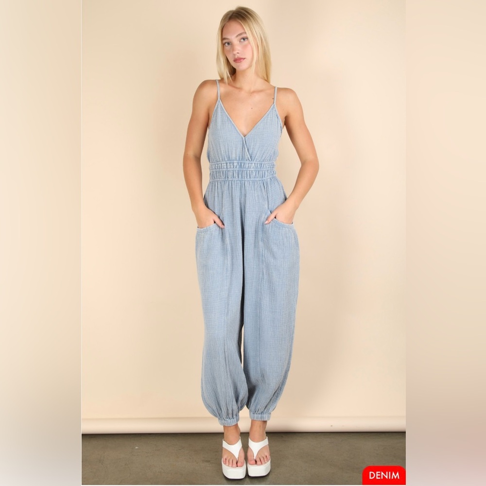 102 Light Blue Cotton Acid Wash Jumpsuit NEW IN